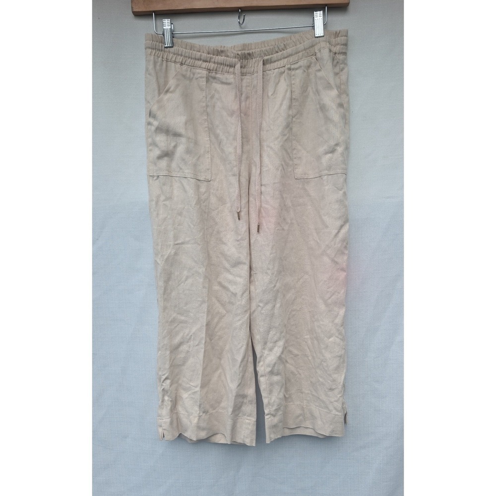 Land N Sea Linen Crop Wide Leg Pants Womens M Beige Cropped Drawstring Coastal